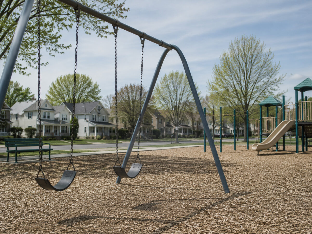 Empty playground with still swings and no children in a quiet American suburb, reflecting the country's declining birth rate and demographic crisis