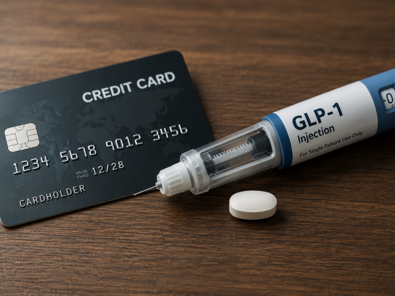 GLP-1 injection pen and credit card side by side representing the financial cost and temporary nature of weight loss drugs
