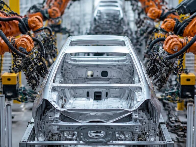 An automated automotive assembly line with orange robotic arms manufacturing a car chassis without any human workers present, illustrating the impact of AI on labor leverage.